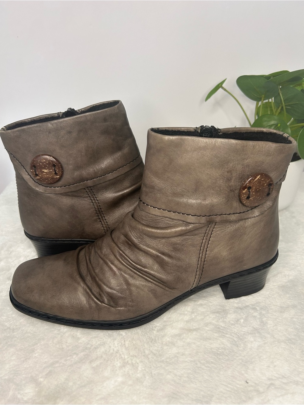 Rieker Taupe Leather-Look Ankle Booties with Button Accent